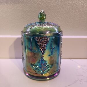 Carnival Glass Harvest Grapes Blue Iridescent Glass Candy Dish/Canister W/ Lid